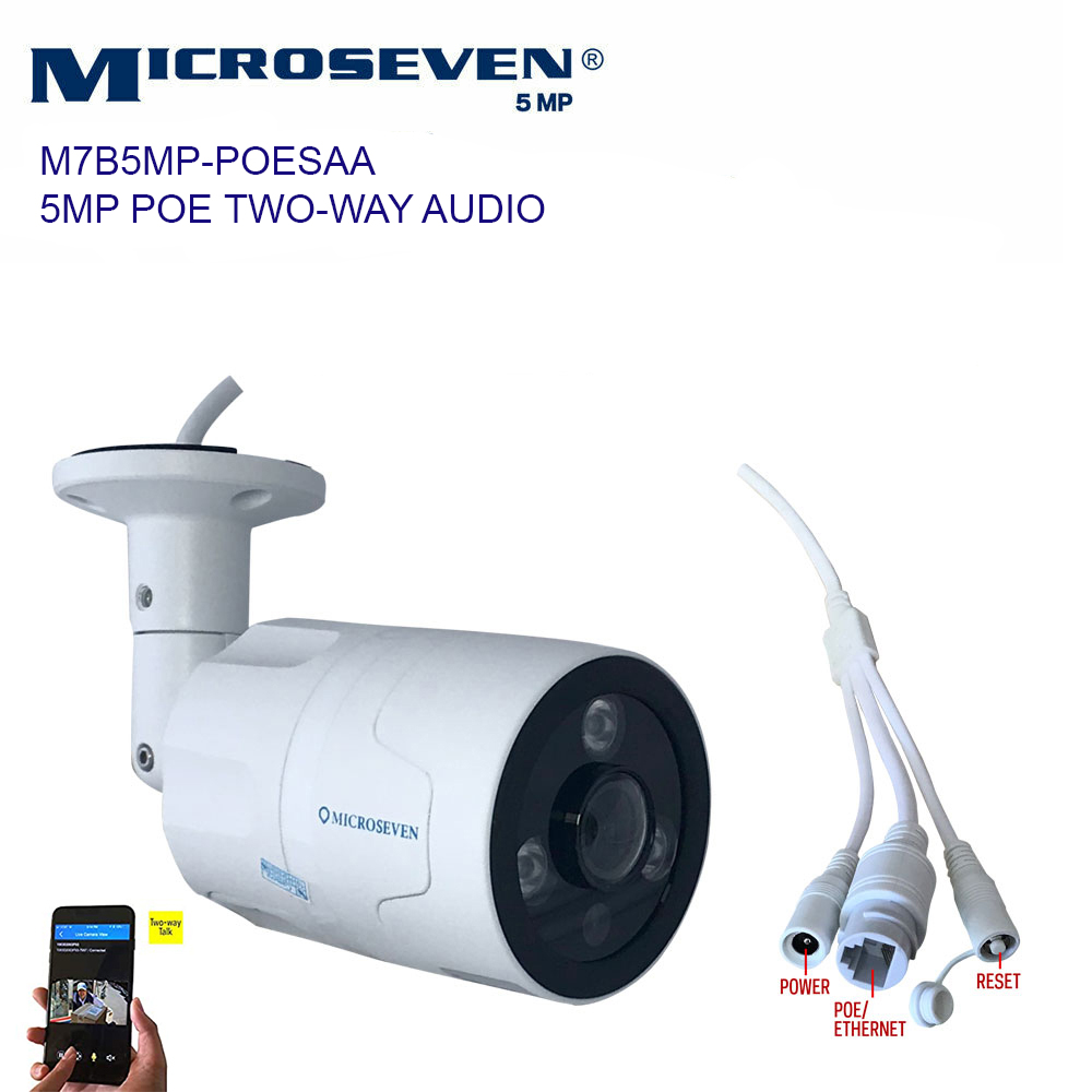 Microseven Professional Open Source 5MP (2560x1920) UltraHD PoE Indoor / Outdoor IP Camera, Sony Chipset CMOS 5MP Lens, Certified Works with Alexa with No Monthly Fee, Two-Way Audio Wide Angle (170°), IR, Human Motion Detection IP Camera, 256GB SD Slot, Night Vision Bullet PoE IP Camera, Waterproof Security Camera, ONVIF CCTV Surveillance Camera, Web GUI & Apps, VMS (Video Management System) Free 24hr Cloud Storage+ Broadcasting on YouTube, Facebook & Microseven.tv