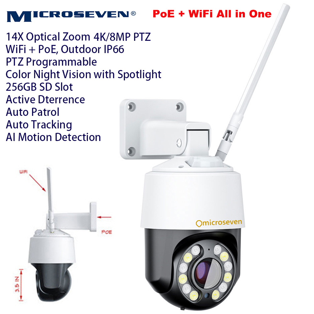 Microseven Professional Open Source Security Camera, Remote Managed, M7 14x Optical Zoom PTZ IP Camera, 8MP/4K (3840x2160p), 3.5 in, [WiFi+POE] All in One, Light active deterrence (on/off switch), Motion Tracking, IP66, Outdoor, Spotlight night vision, 2-Way Audios, FTP, Storage 256GB avail, Open source remote managed, ON-VIF, Web GUI & Apps, CMS, M7RSS, Cloud Storage, Broadcasting avail on YouTube, Meta and Microseven