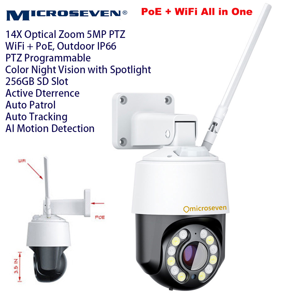 Microseven M7 Professional Open Source Security Camera, Remote Managed,14x optical zoom mini PTZ Security IP Camera, 5MP (2560x1920p), [WiFi+POE] All in One, Motion, PTZ auto-tracking, Light active deterrence, Outdoor weatherproof IP66, Spotlight and IR night vision, 2-way audio, FTP, microSD card slot 256gb,M7RSS (Video Recorder Server), Cloud Storage, Broadcasting on YouTube and Microseven